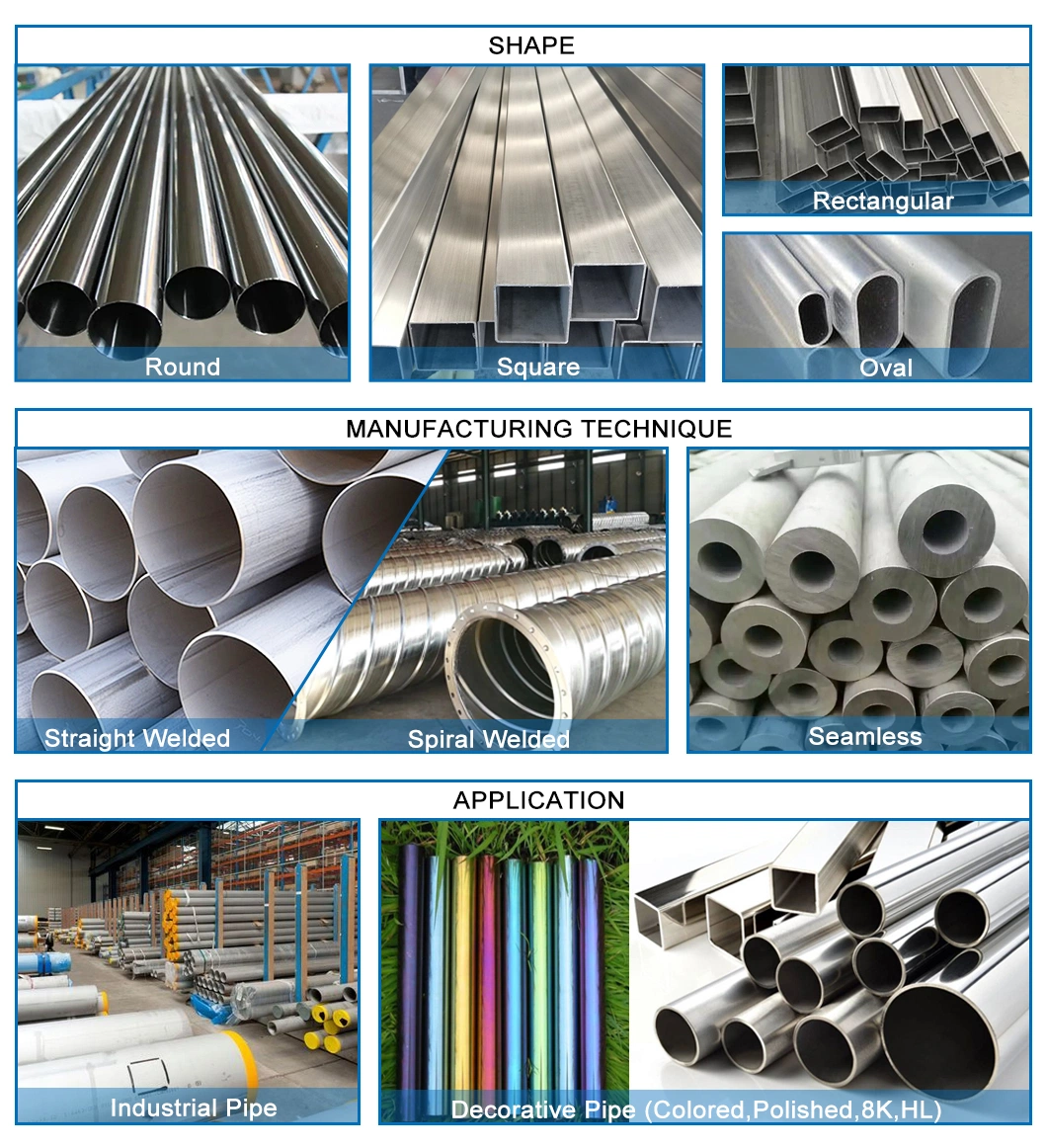 Ss Round Square Tube ASTM AISI 201 304 316 316L 430 Pickling Ba 2b Bright Polish Cold Hot Rolled Stainless Steel Seamless / Welded Pipe for Building Materials